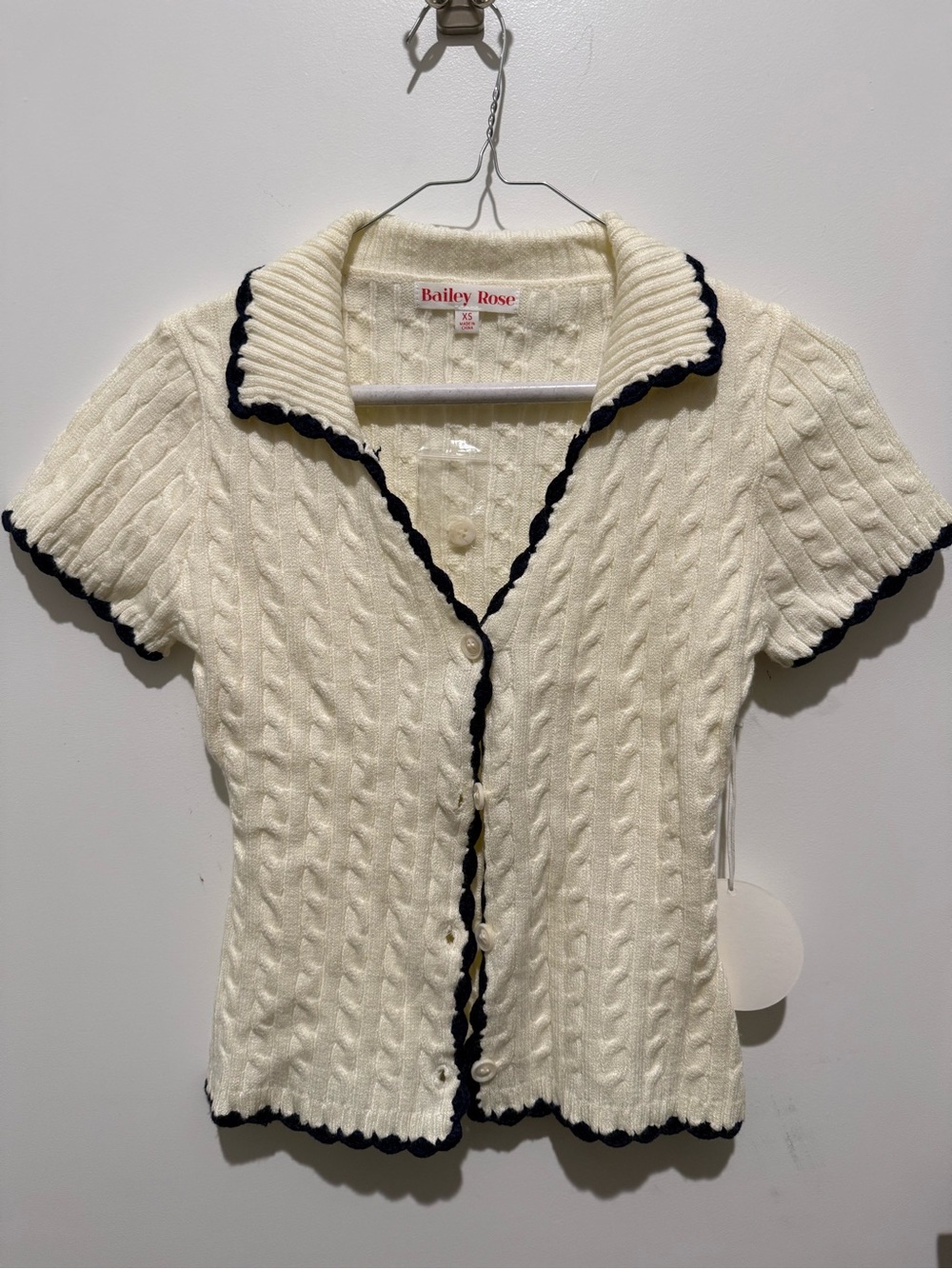 Bailey Rose Cream Cable-Knit Short Sleeve with Navy Trim